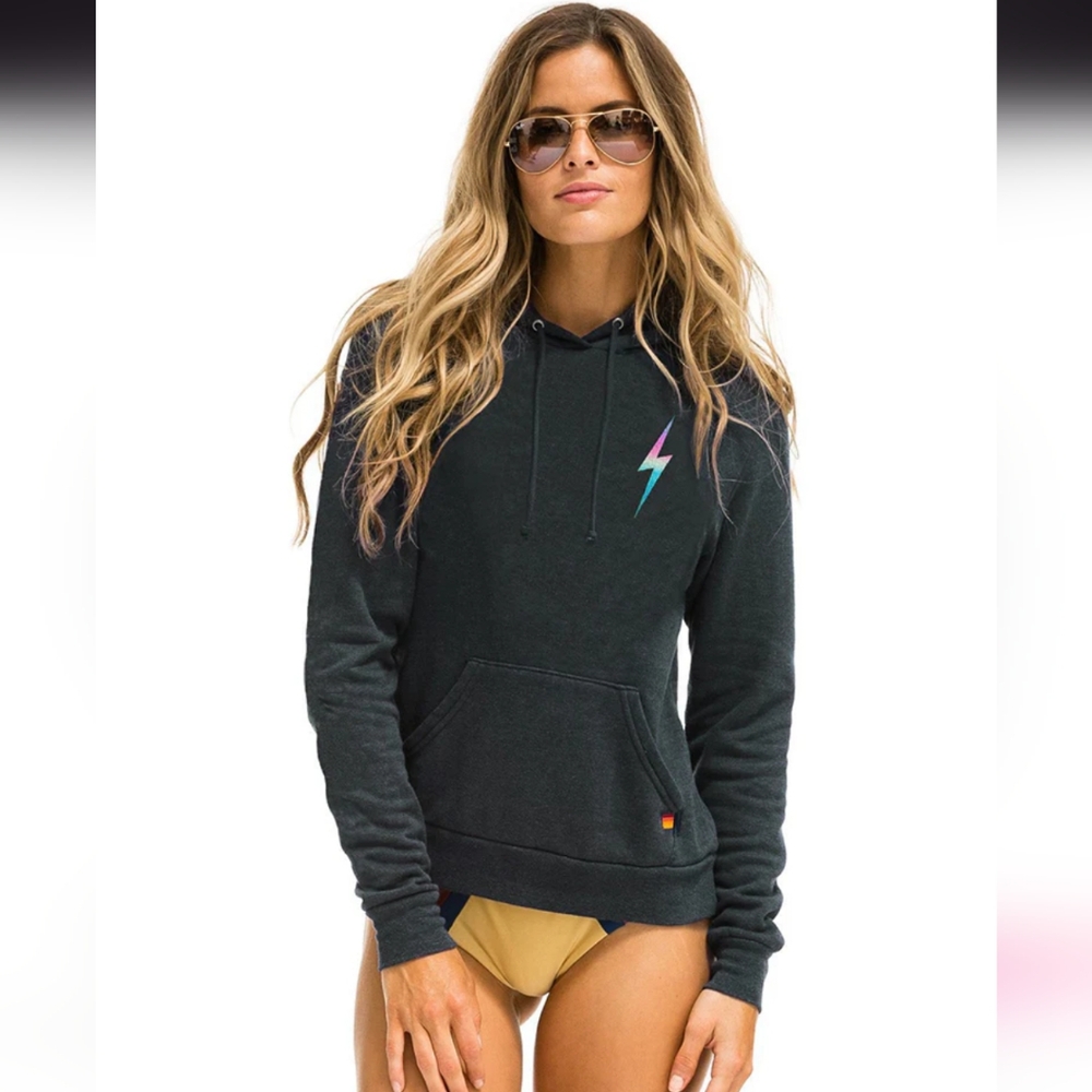 Aviator Nation Black Hoodie with Teal & Pink Lightning Bolt